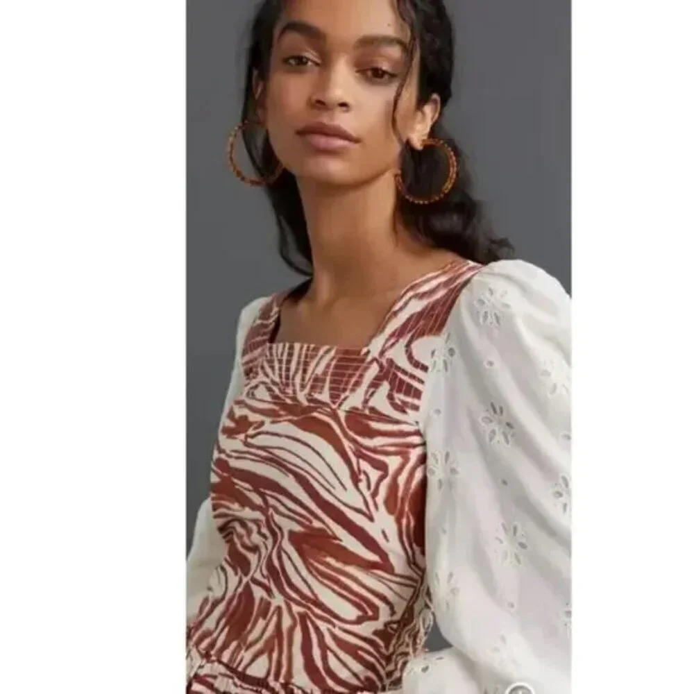 Anthropologie Love the Label Smocked Puff-Sleeve Blouse M